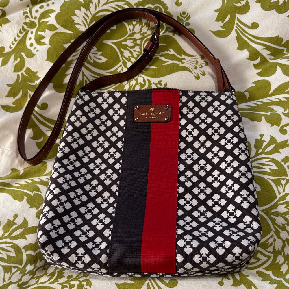 kate spade Dark Brown & White Pattern Crossbody with Red & Brown Stripe